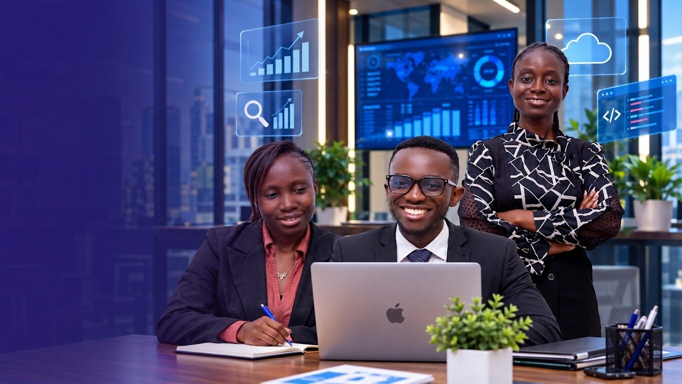 Three professionals working together at a laptop in front of business dashboards