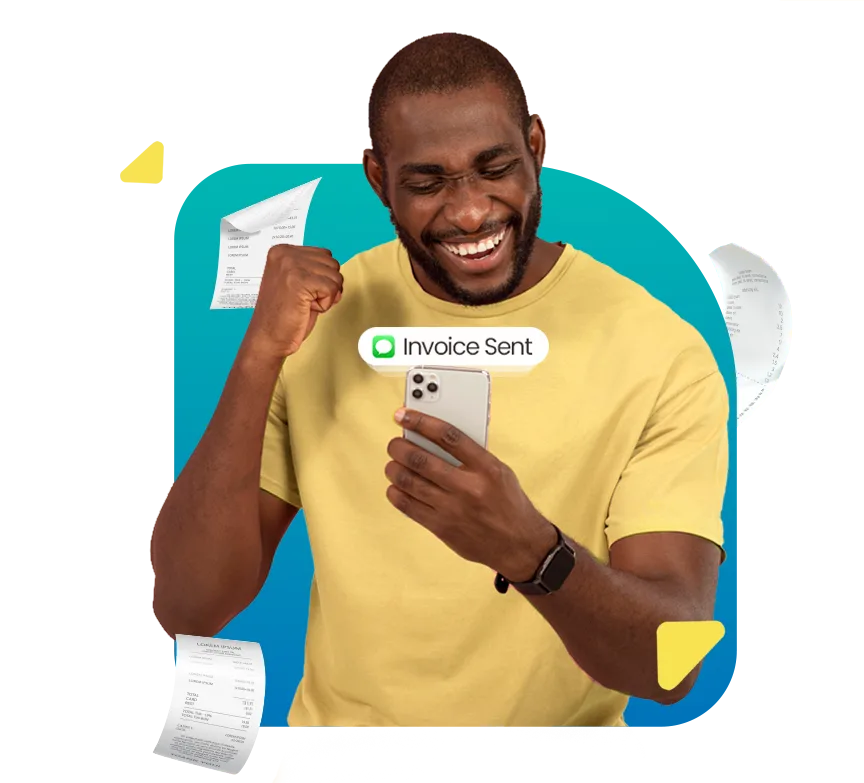 Business owner holding a phone showing an invoice sent from Built