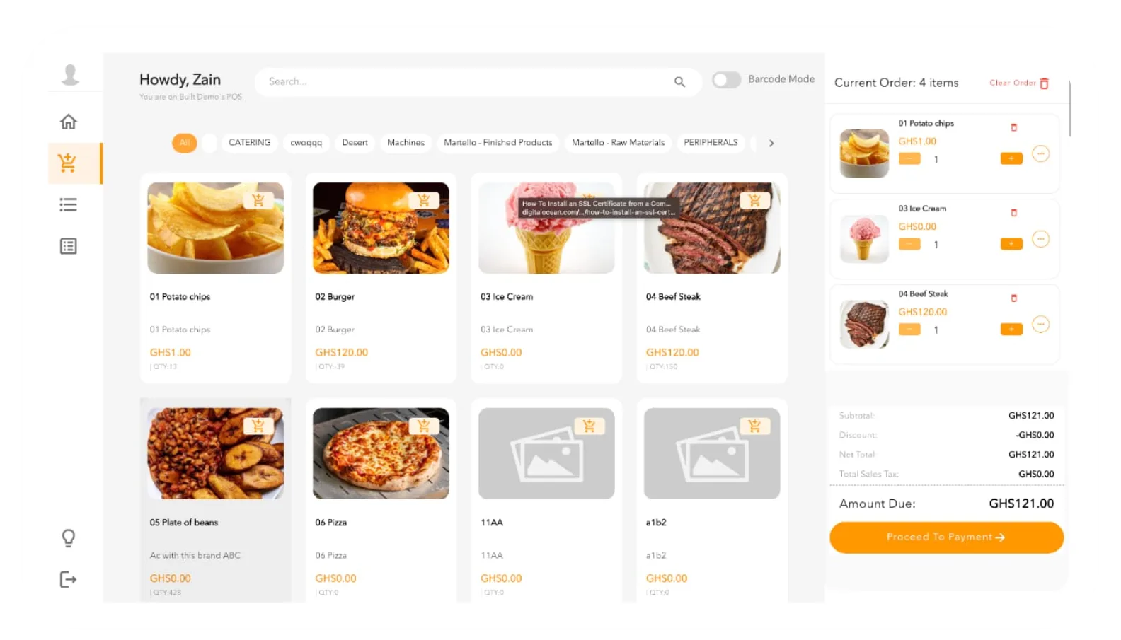 Built point of sale screen with products and the current order