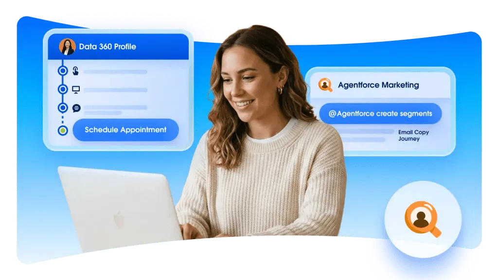 Marketer at a laptop beside a customer profile and campaign segment panels