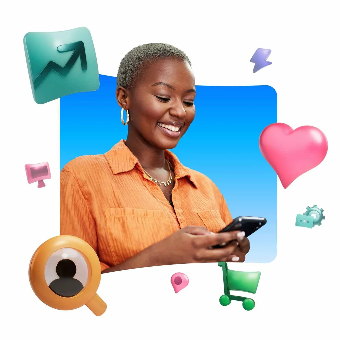 Illustration of a customer using a mobile phone with sales and service icons