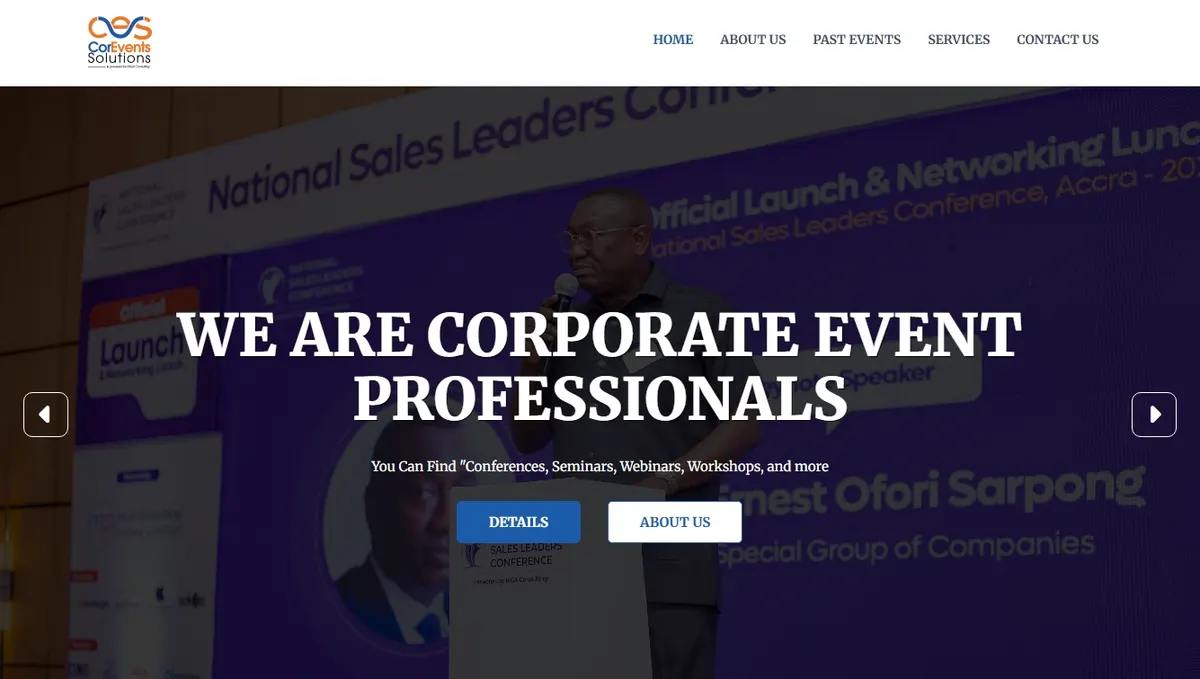 Corevents Solutions website home page